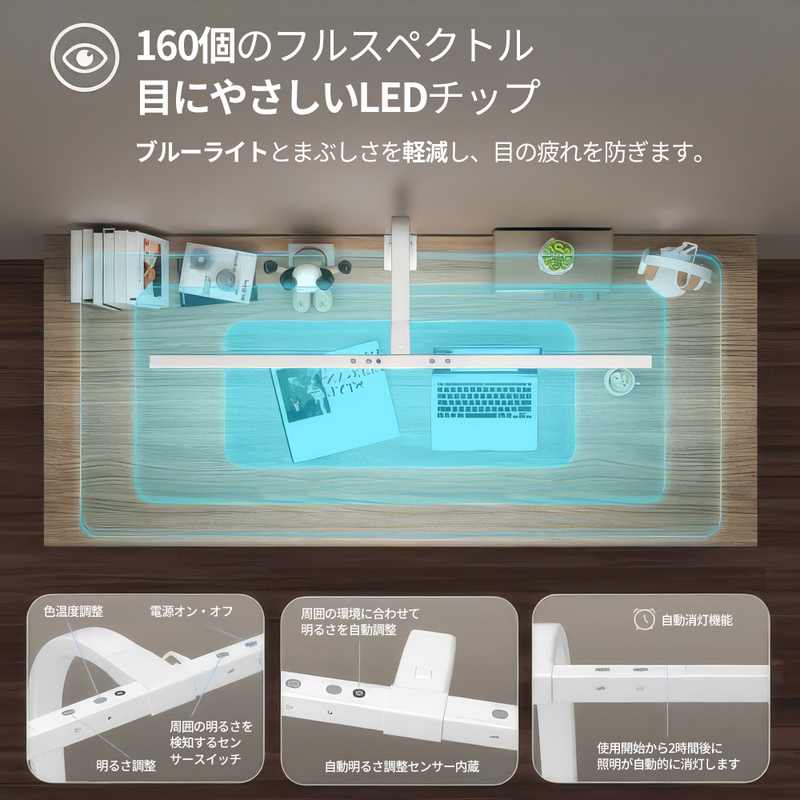 ICLE モニターライト デスクライト クランプ式 高演色LED ワイド80cm 非対称ヘッド 目に優しい 調光調色 自動調光センサー 在宅ワーク テレワーク 韓国製