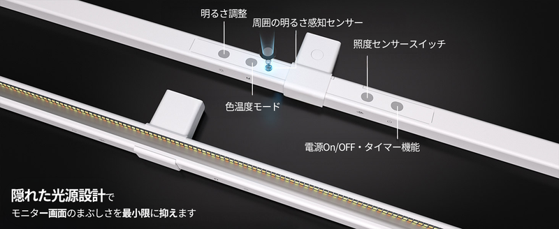 ICLE モニターライト デスクライト クランプ式 高演色LED ワイド80cm 非対称ヘッド 目に優しい 調光調色 自動調光センサー 在宅ワーク テレワーク 韓国製